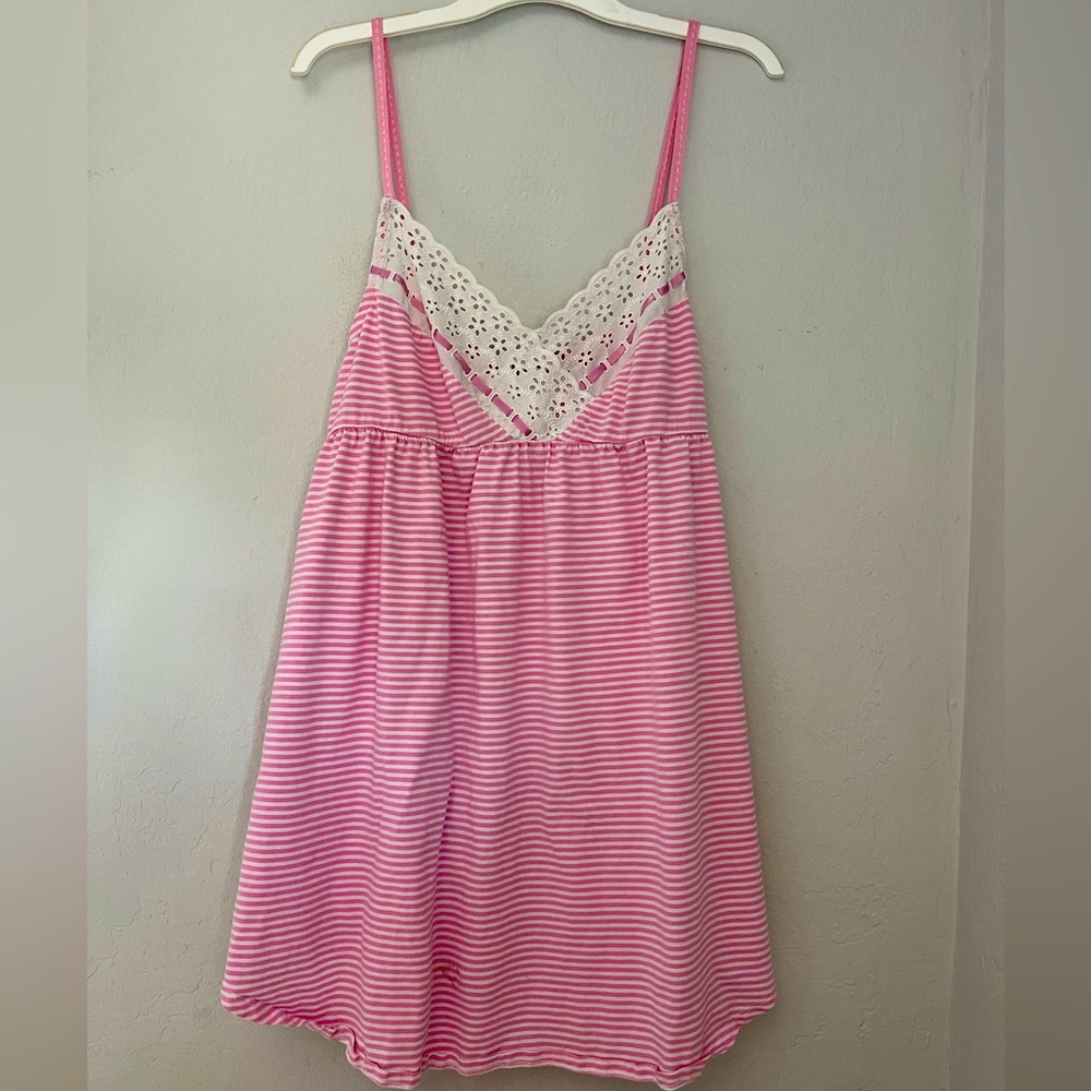 Victoria Secret night gown. Pink and striped with a lacy hemline.